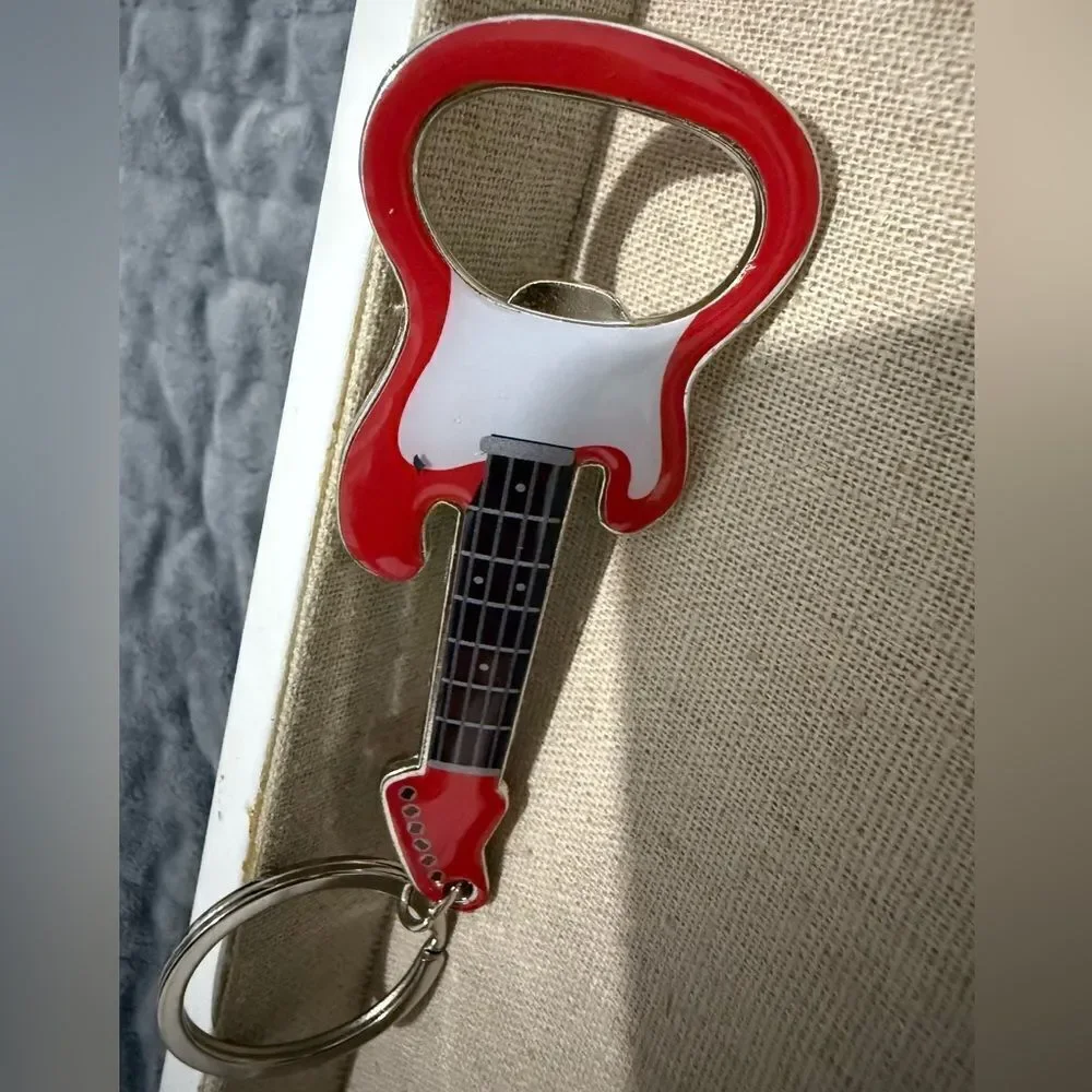 Guitar Bottle Opener Keychain Red & White – Rockin’ Accessory for Music Lovers